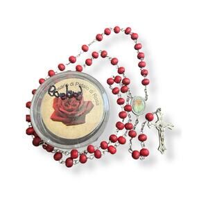 Papa Frencesco Red Rose Beads Rosary. Red with Silver-tone